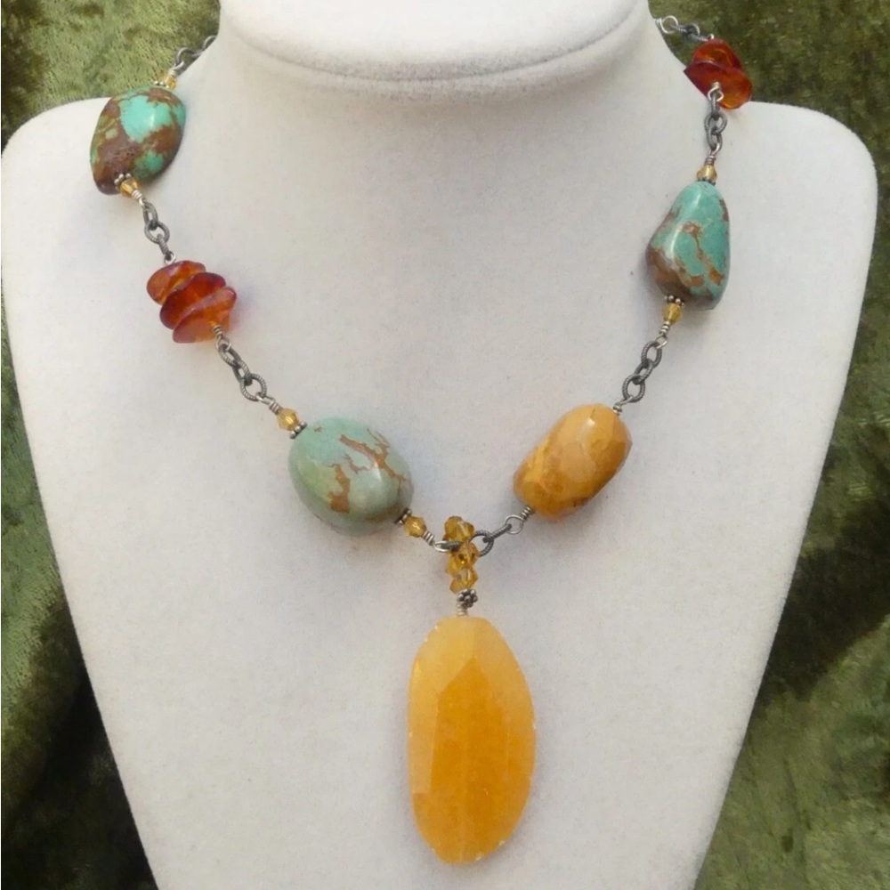 Silpada Vintage Sterling Silver Turquoise, Honey Jade, & Amber Pendant Necklace